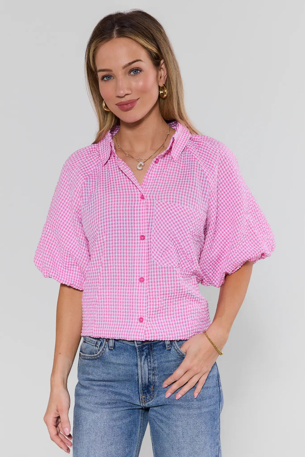 トップス andmary Ava gingham check tops pink Ashton Pink Gingham Short Sleeve Top | Avara