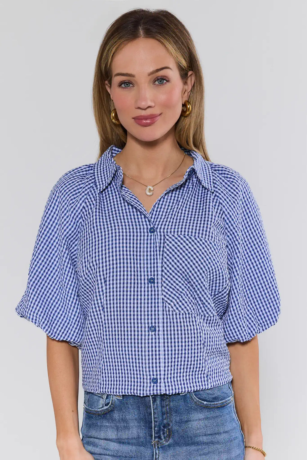 Ashton Navy Gingham Short Sleeve Top | Avara