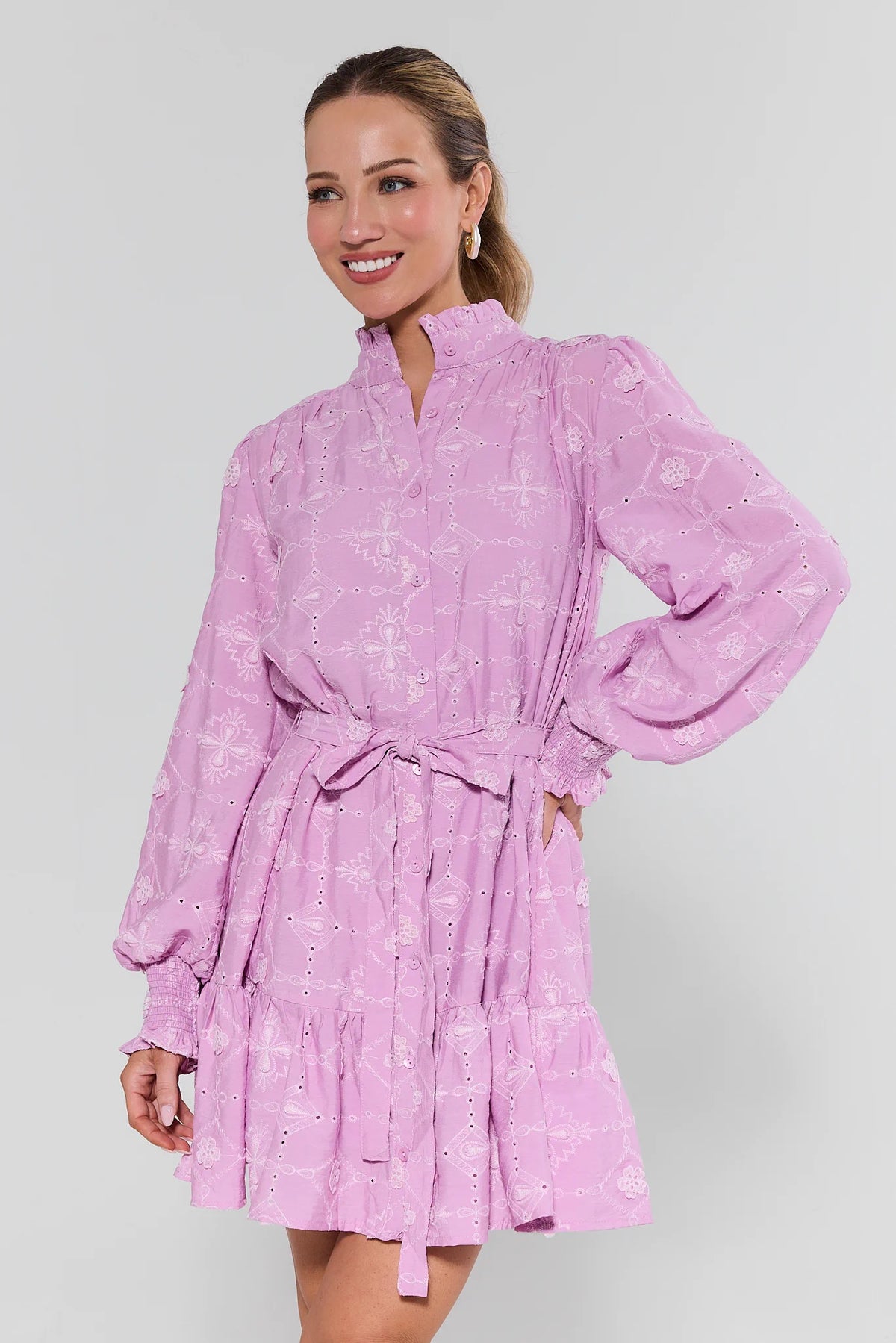 Orchid Lilac Embroidered Short Dress | Women's Clothing