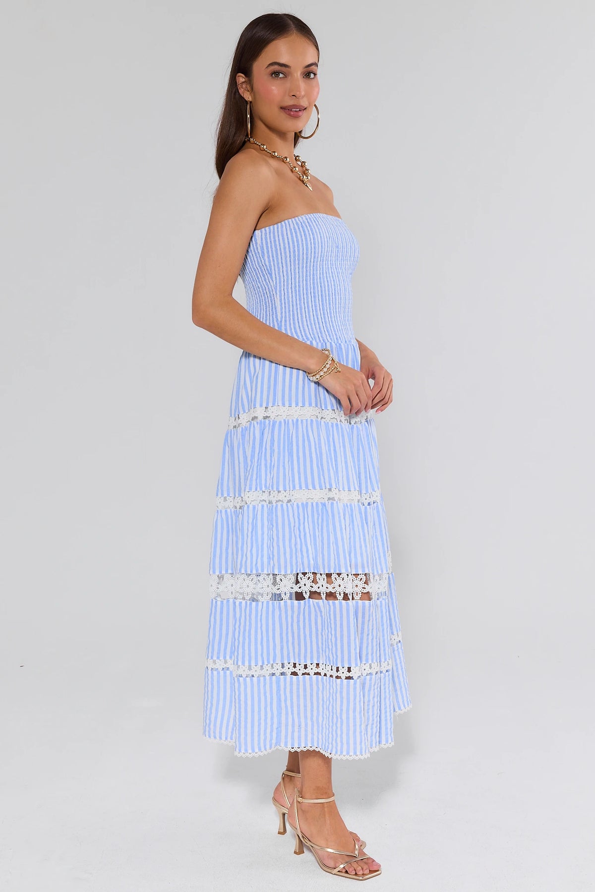 Cecilia Blue Striped Strapless Midi Dress | Women's Clothing