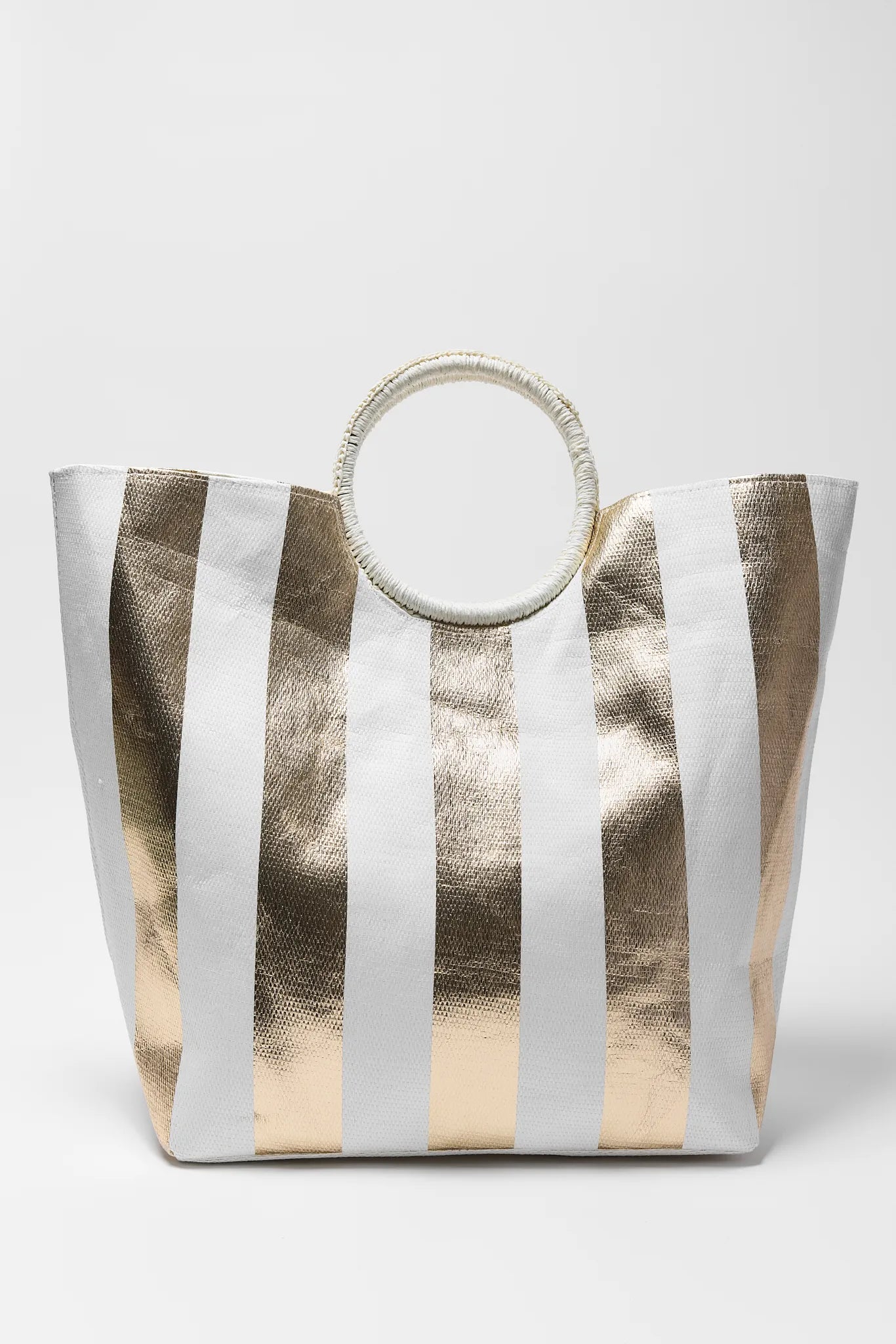 Maurice Tote with gold and white striped pattern on a white background