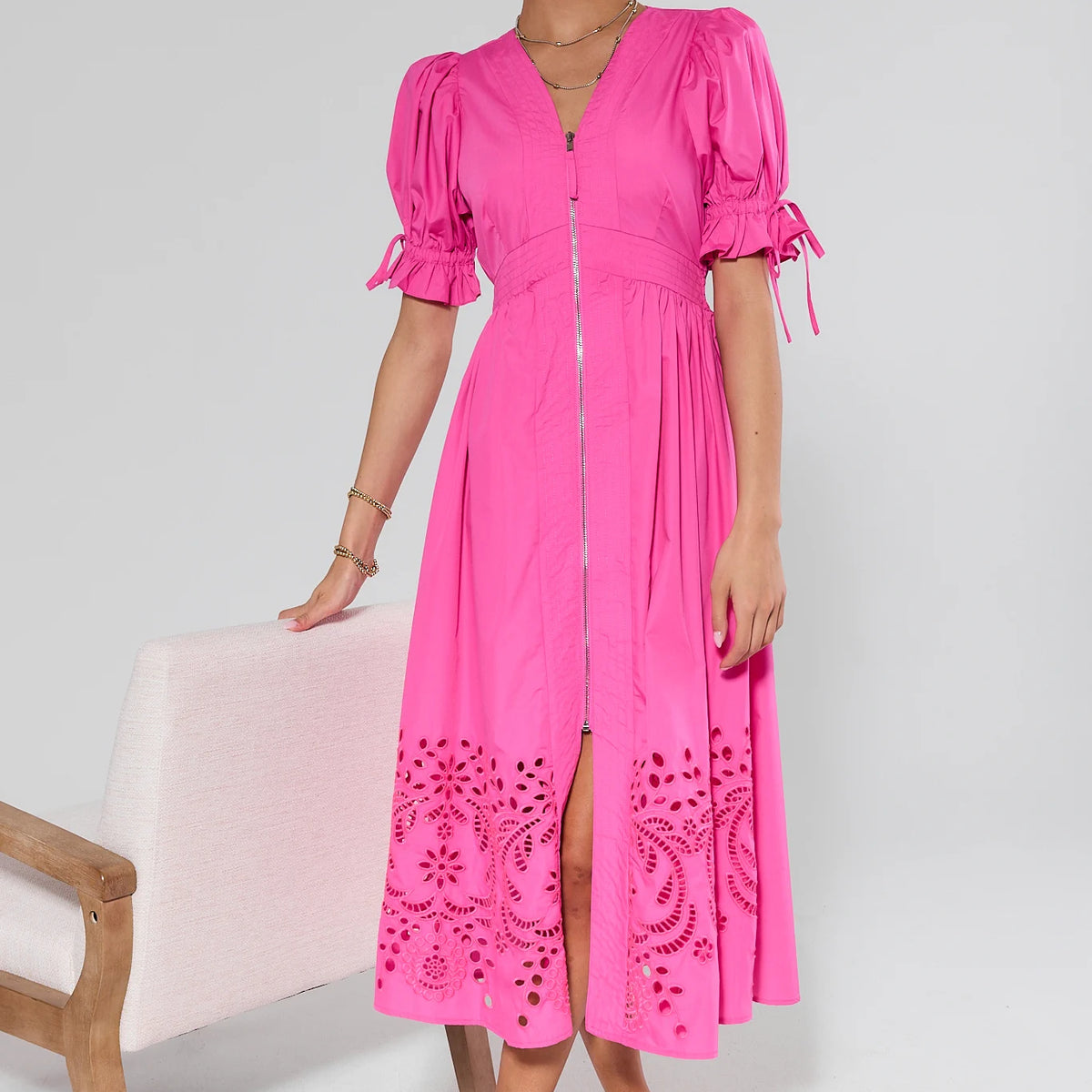 Emersyn Pink Eyelet Midi Dress | Women's Clothing