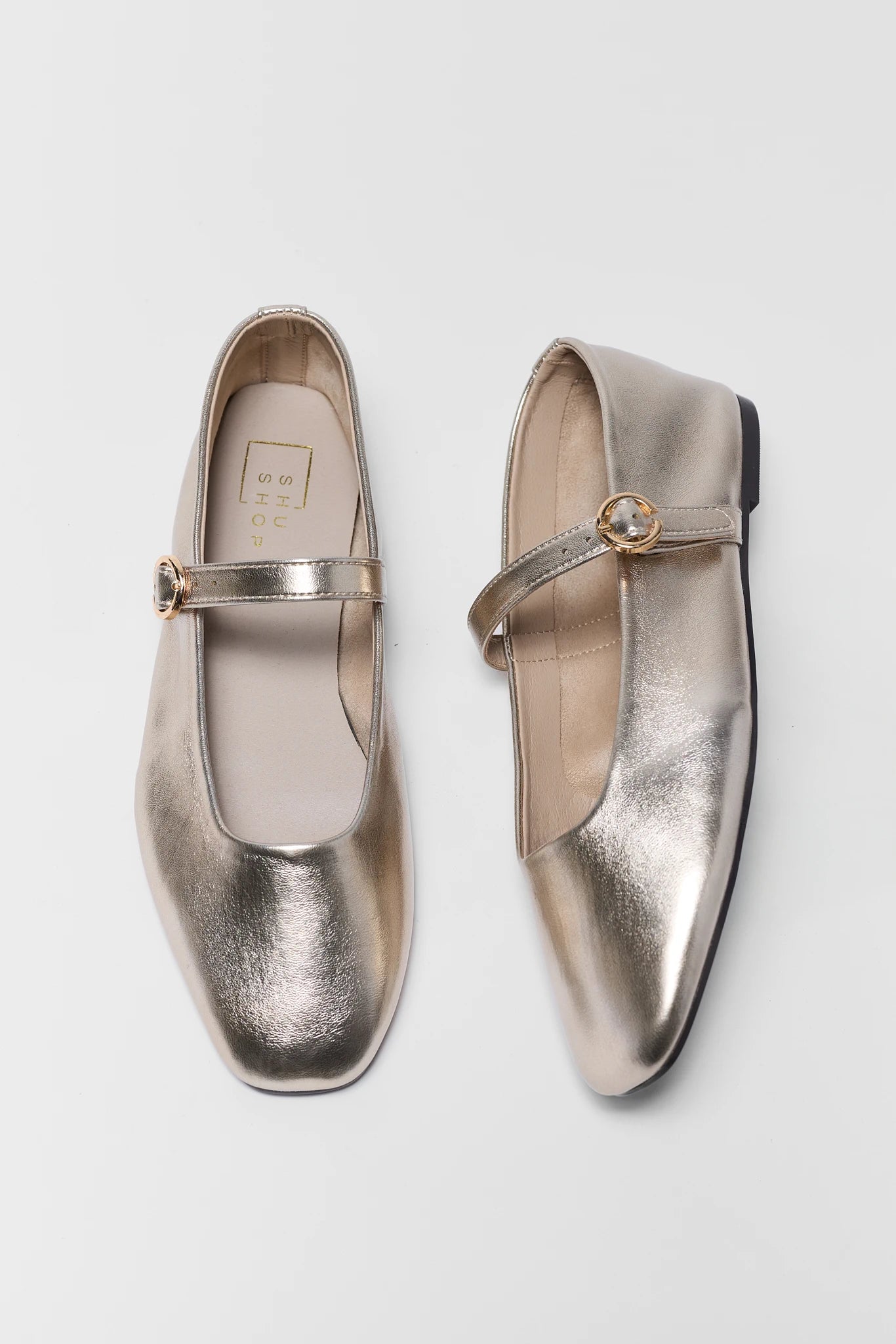 Pair of metallic loafers on a light gray background