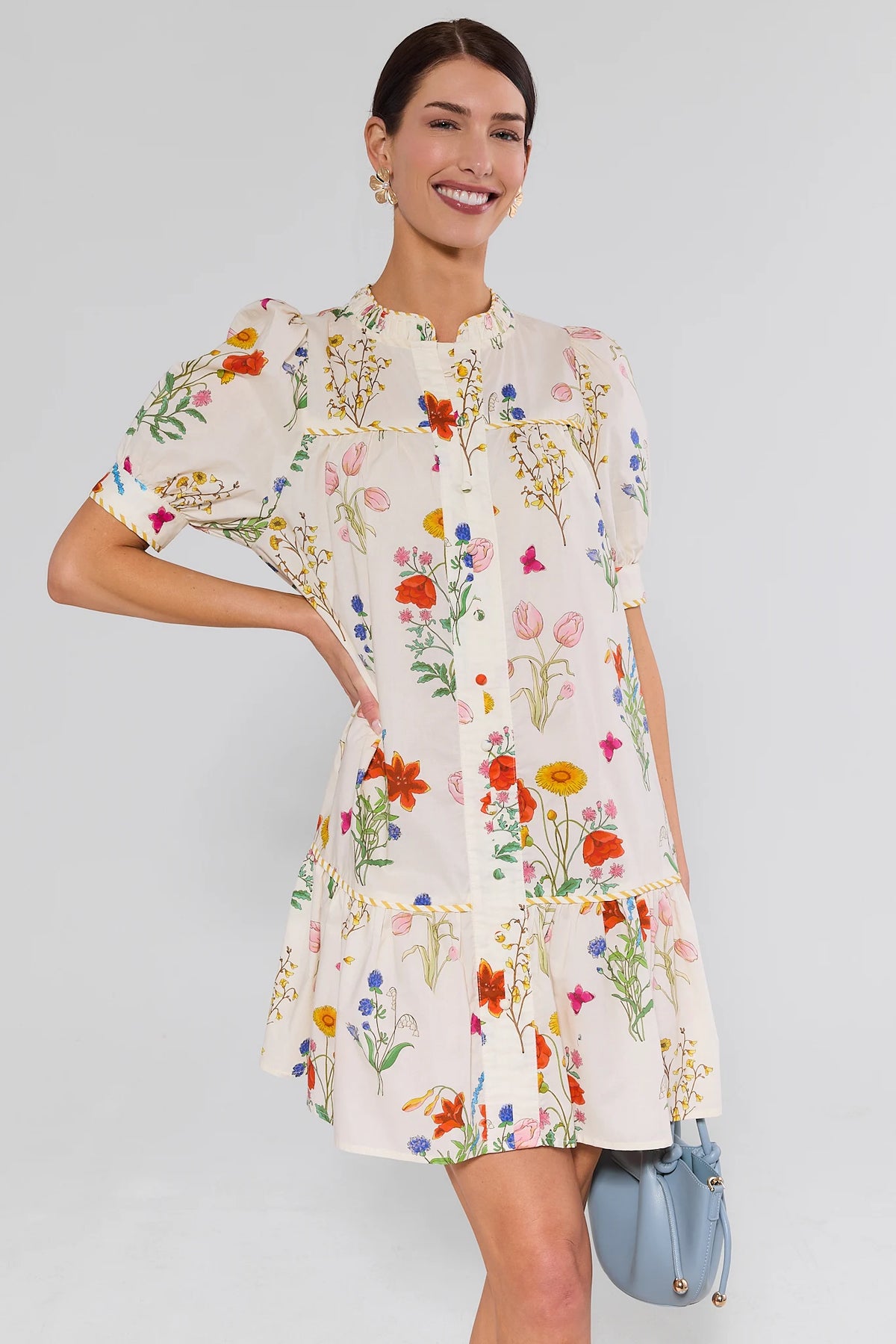 White Floral Print Drop Waist Dress