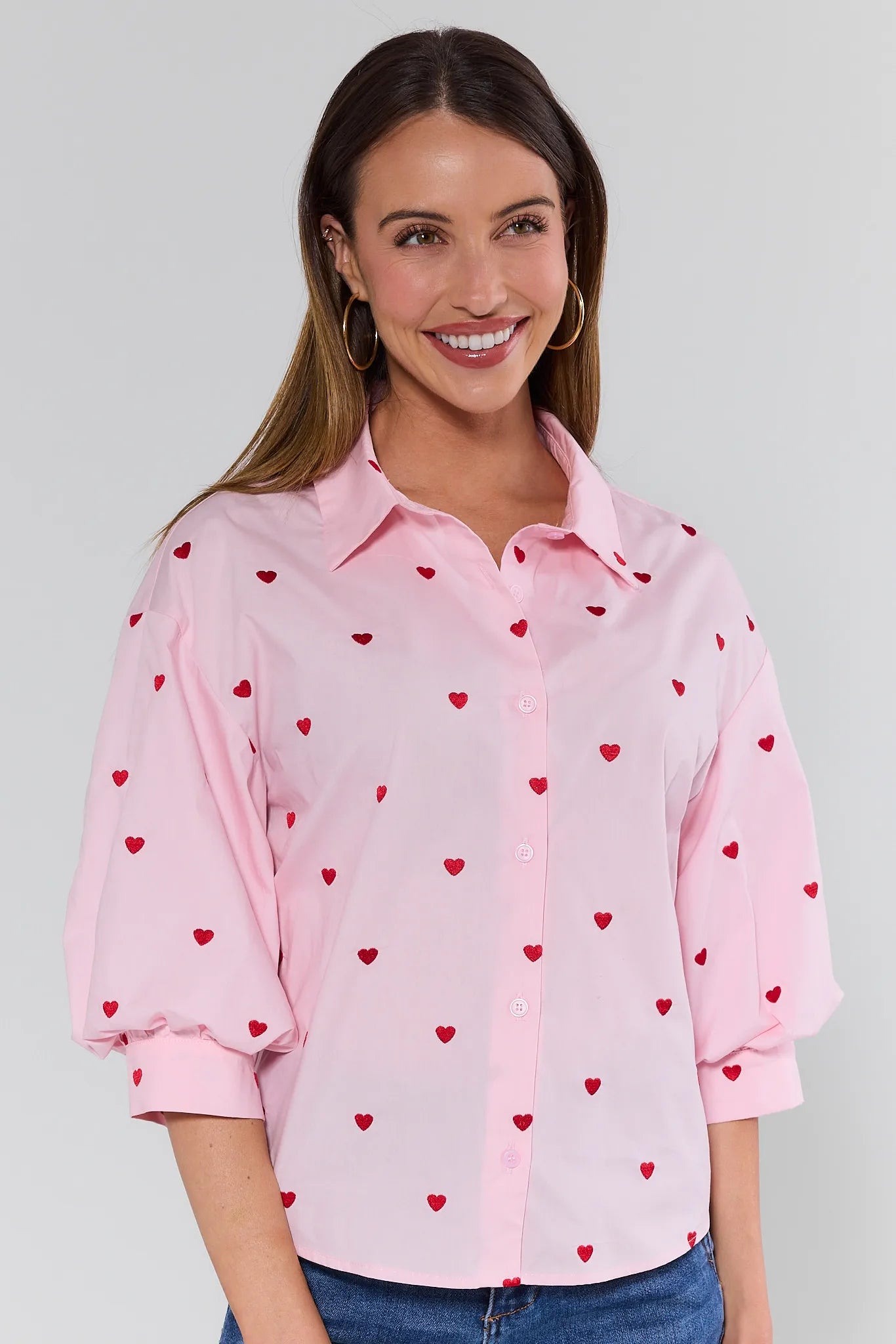 Claudia Pink Heart Button Up Top