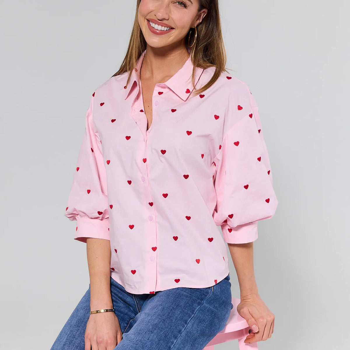 Claudia Pink Heart Button Up Top | Avara