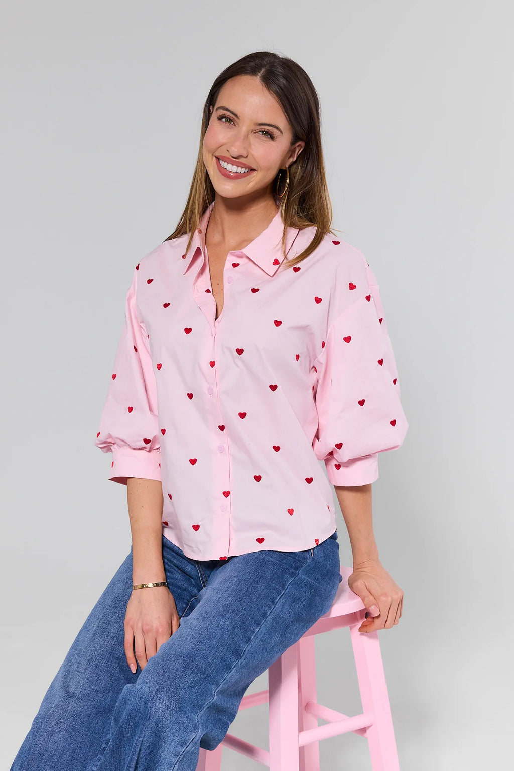 Claudia Pink Heart Button Up Top | Avara