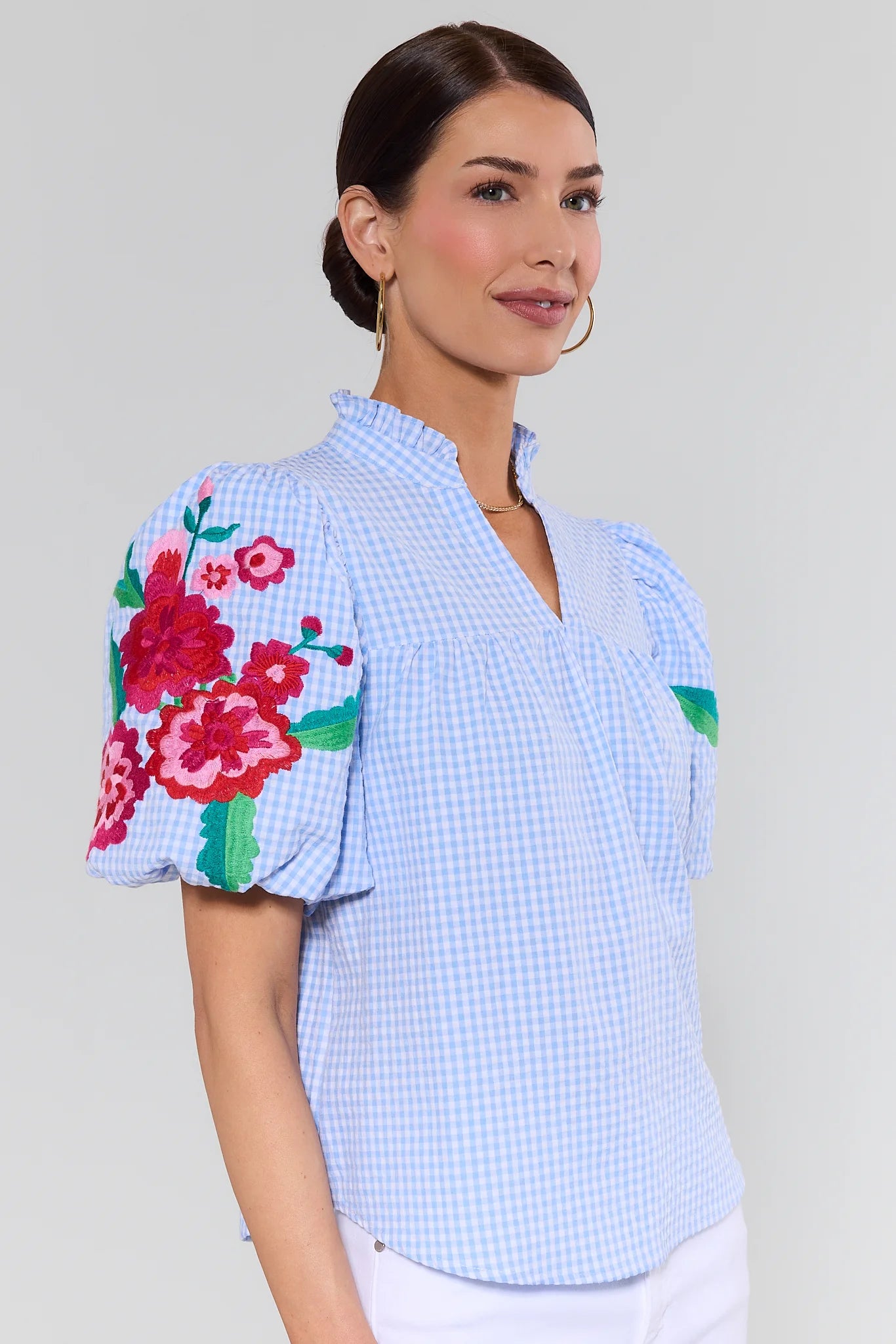 Zoe Blue Gingham Embroidered Top | Avara