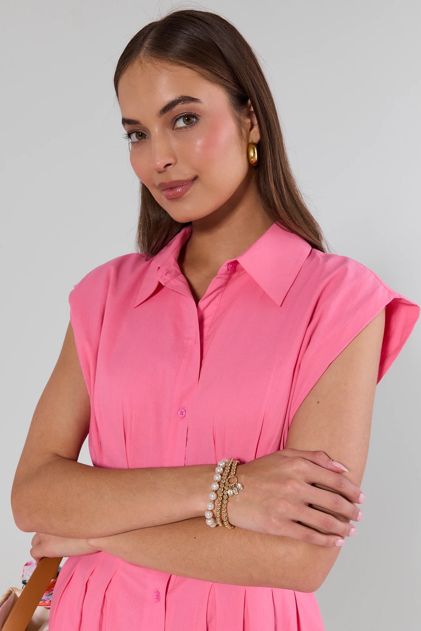 woman wearing Heidi Gold Beaded Bracelet Set on white background