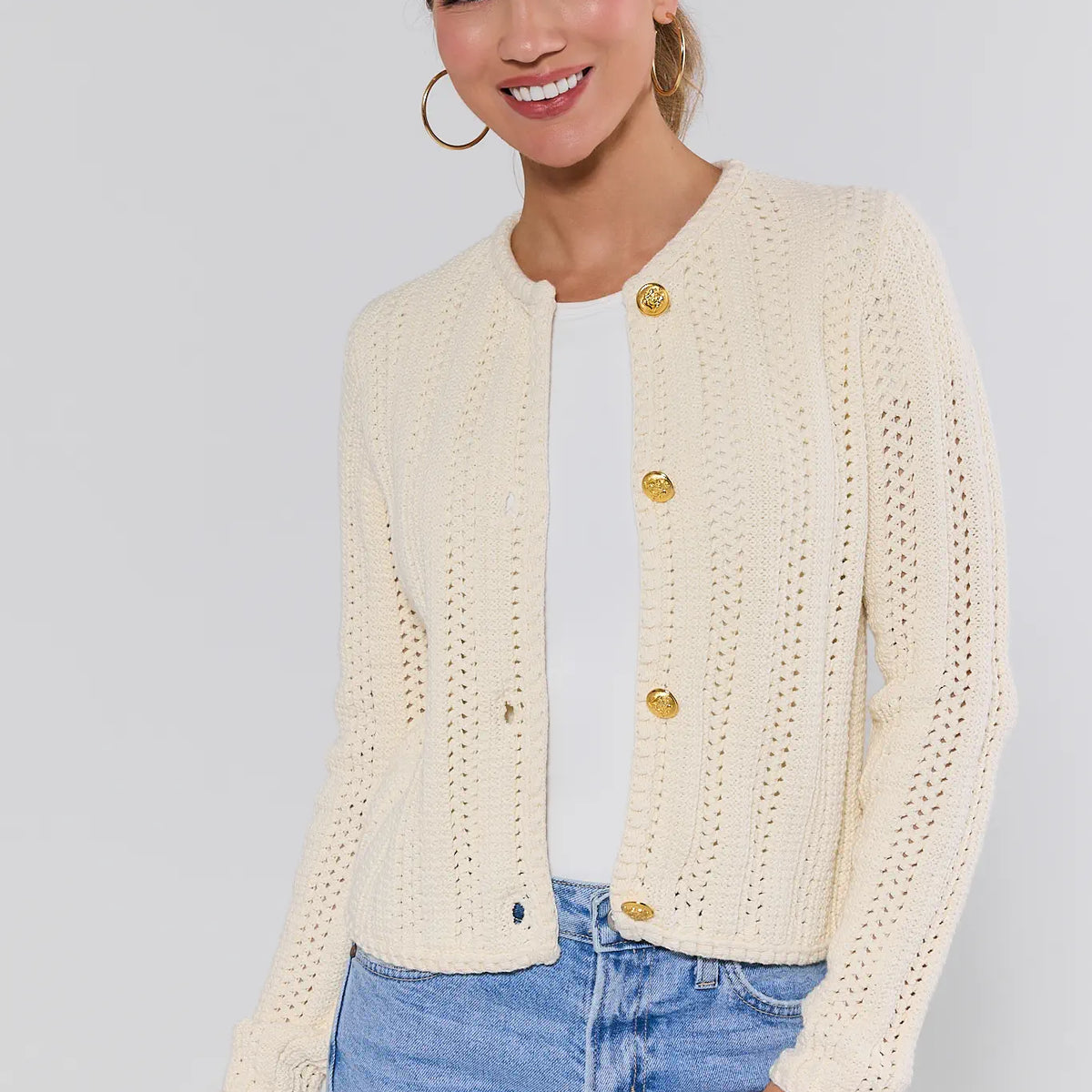 n*m様 ORGUE gold button knit Mallory Cream Crochet Knit Cardigan | Avara