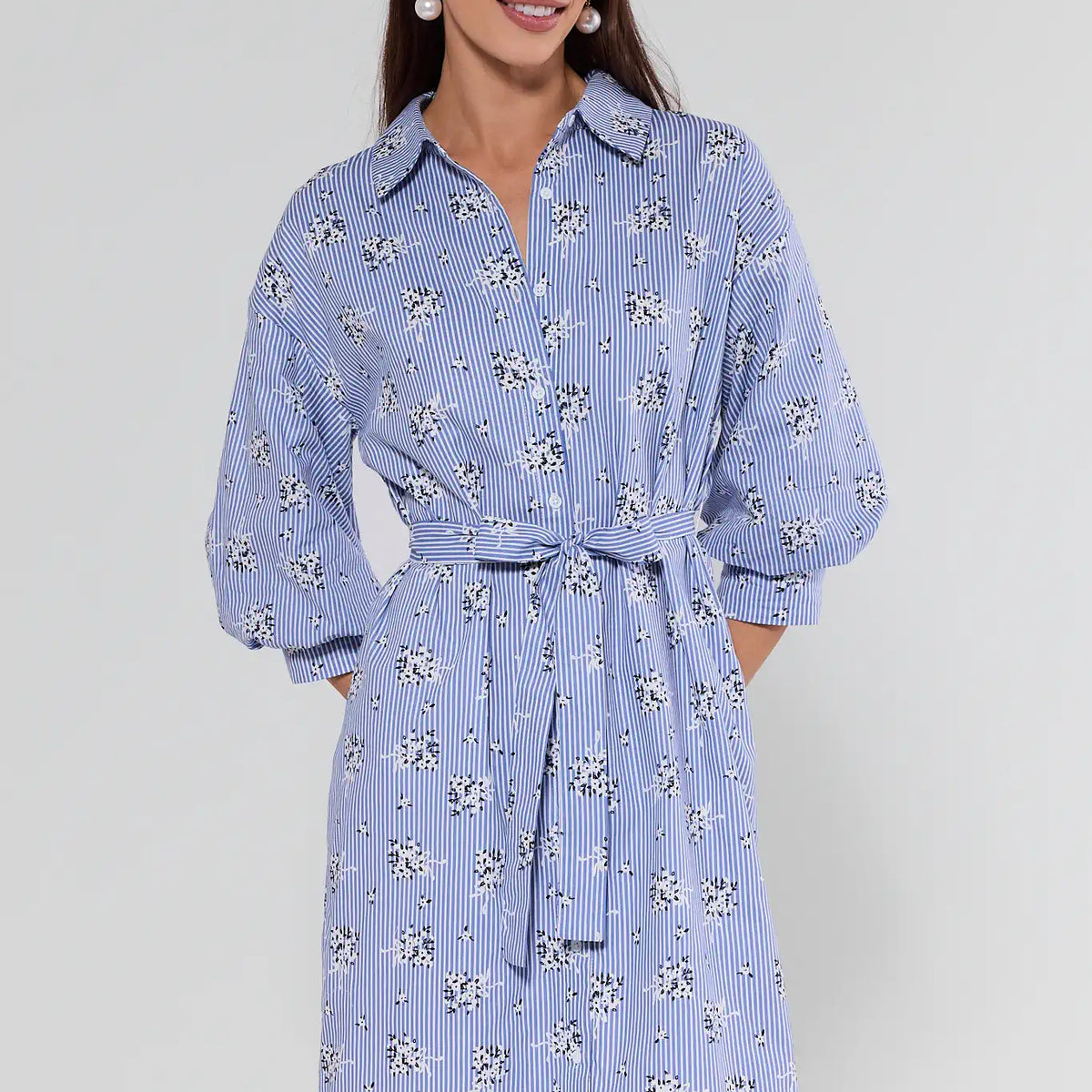 long sleeve blue floral midi dress Summerlynn Blue Striped Floral Midi Dress