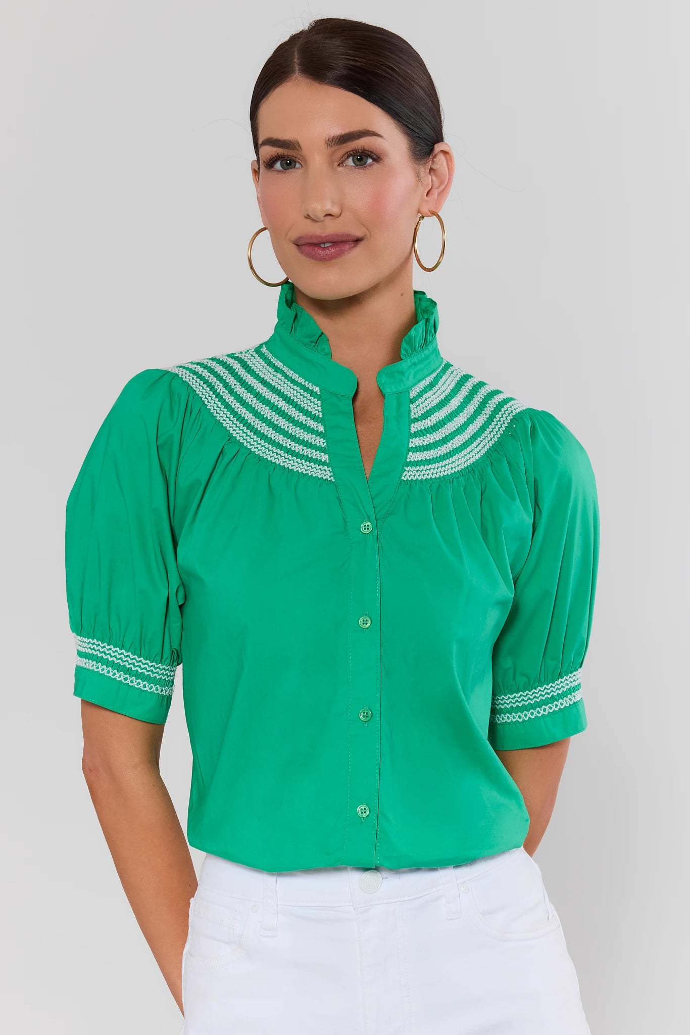 woman wearing close up green yvonne top on woman on white background