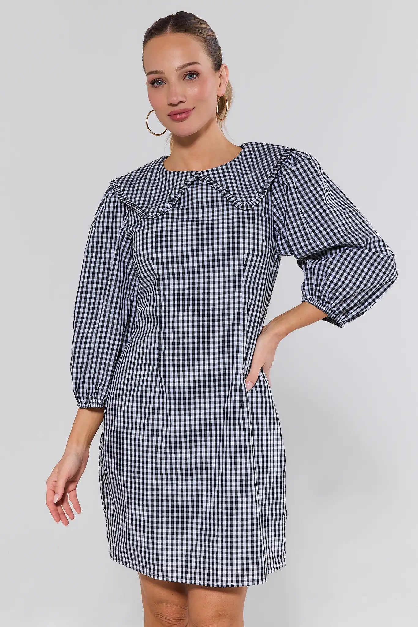 tess daly black dress Cotton Mini Dress in Black Gingham