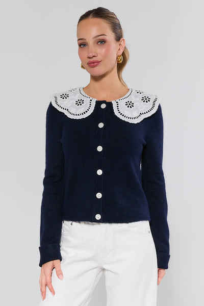 Braelyn Navy Eyelet Collar Cardigan | Avara