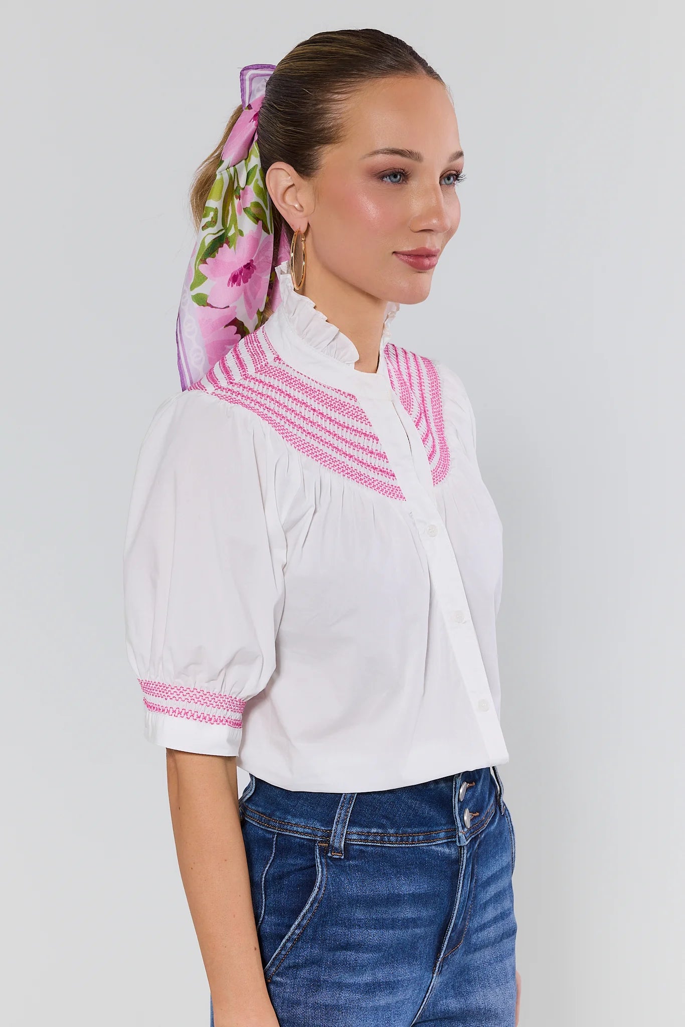é button blouse pink Yvonne Pink Embroidered Button Up Top | Avara
