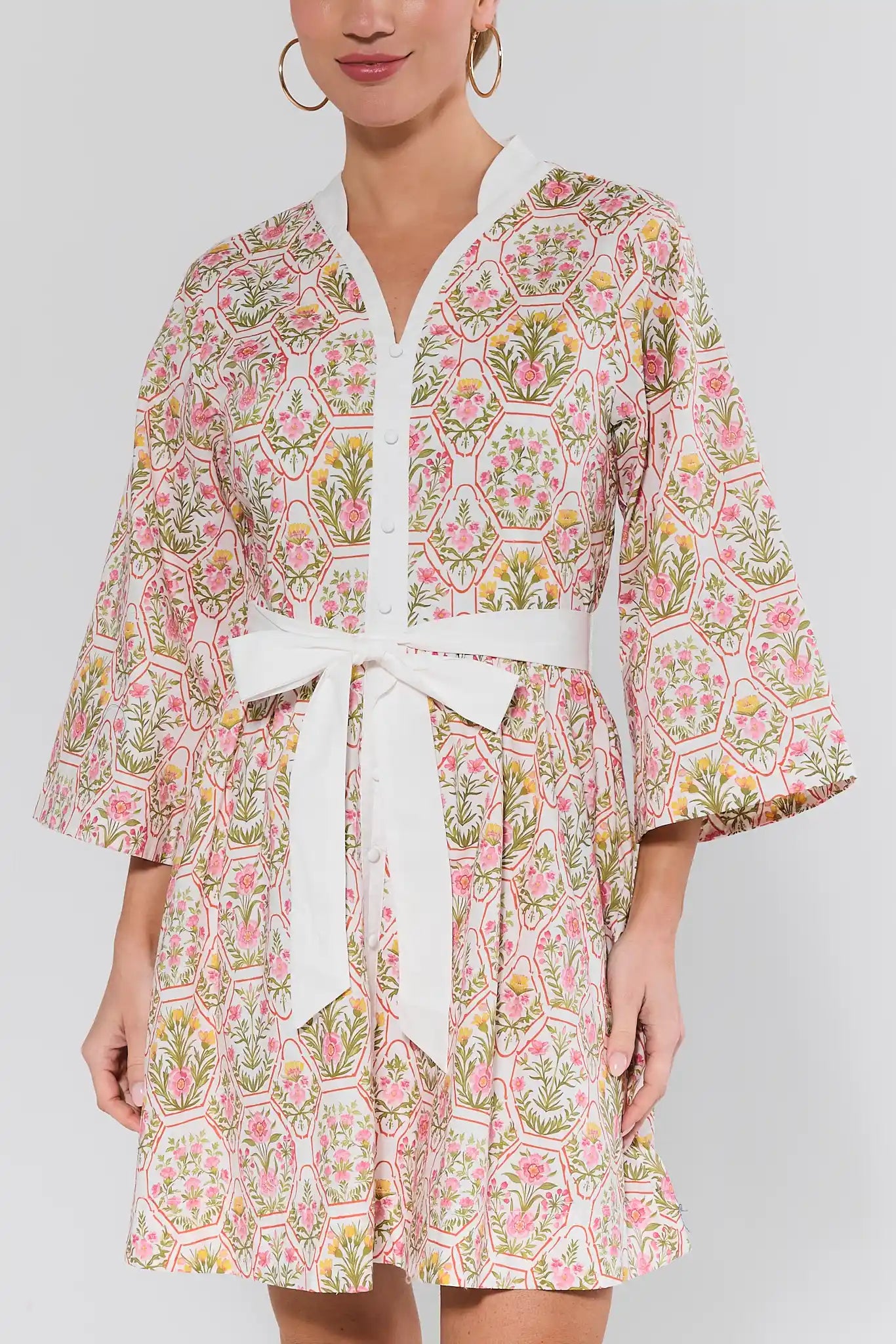 close up woman wearing floral cameron dress