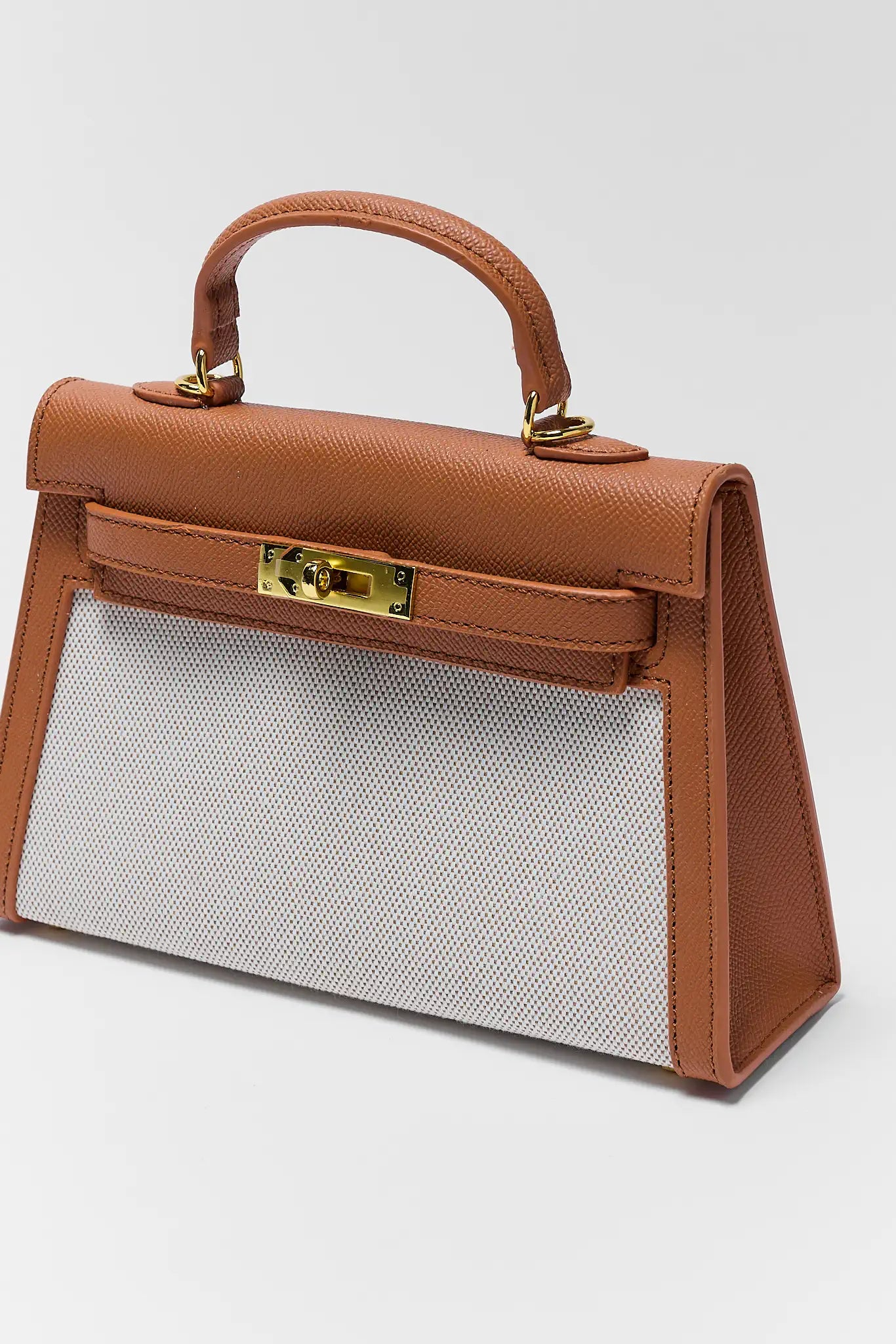 close up of Helen Camel Faux Leather Bag on a white background