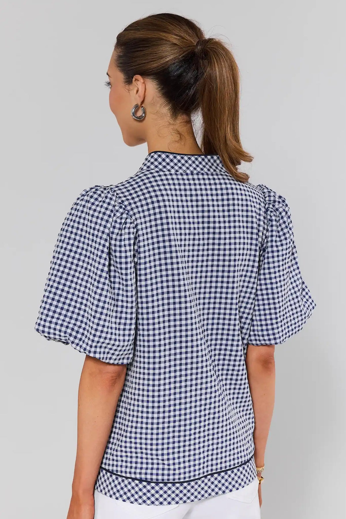Navy Gingham Puff Sleeve Top | Avara | Avara