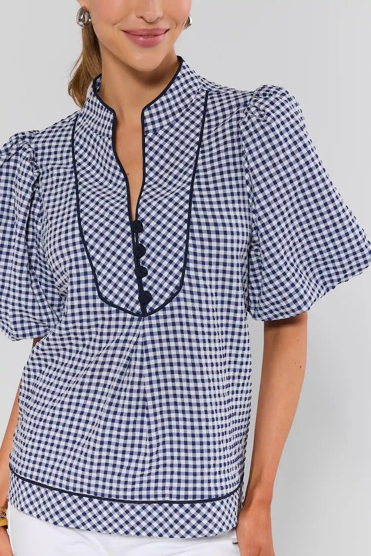 Navy Gingham Puff Sleeve Top | Avara | Avara