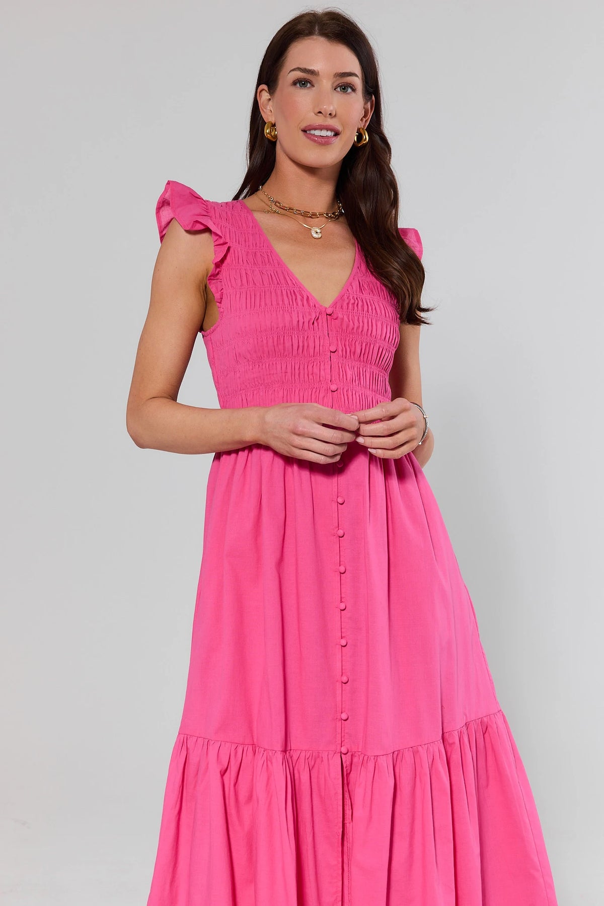 Allyn Pink Smocked Midi Dress | Women's Clothing