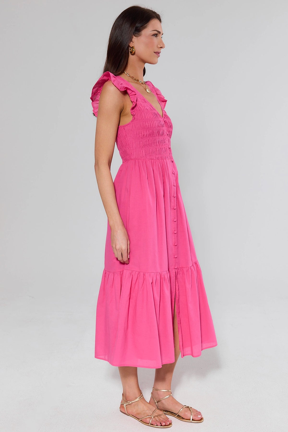 Allyn Pink Smocked Midi Dress | Women's Clothing