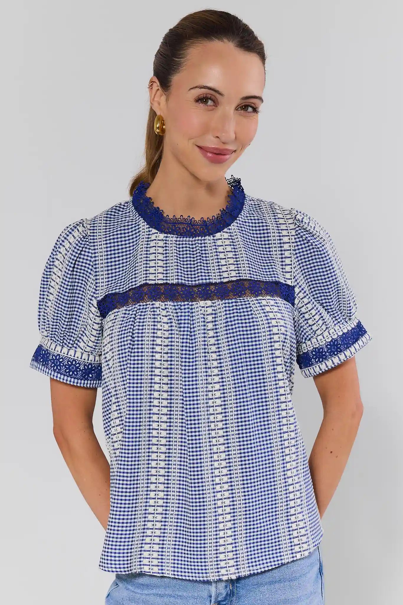 Sadie Blue Striped Lace Detail Top | Avara