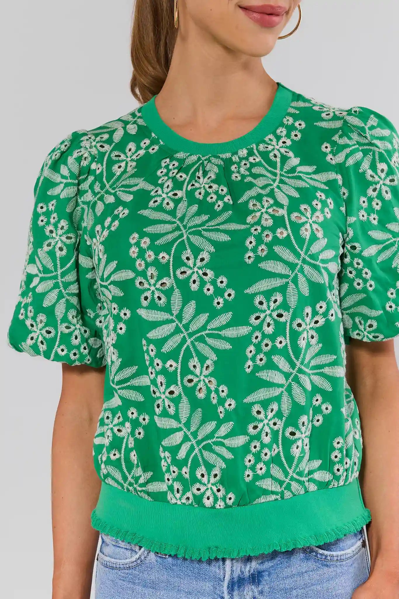 close up Green floral patterned top worn by a person on a plain background