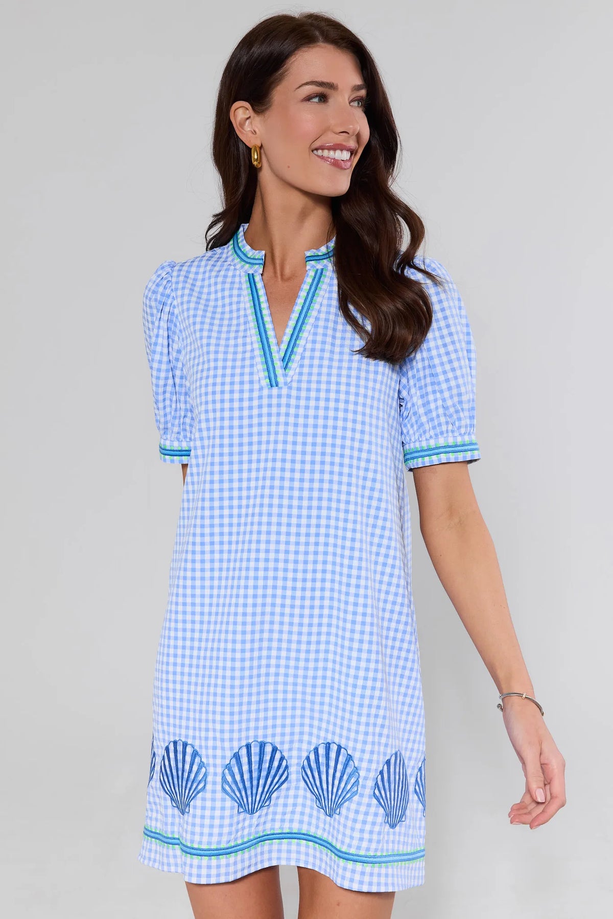 Women's Blue Gingham Embroidered Short Dress | Avara