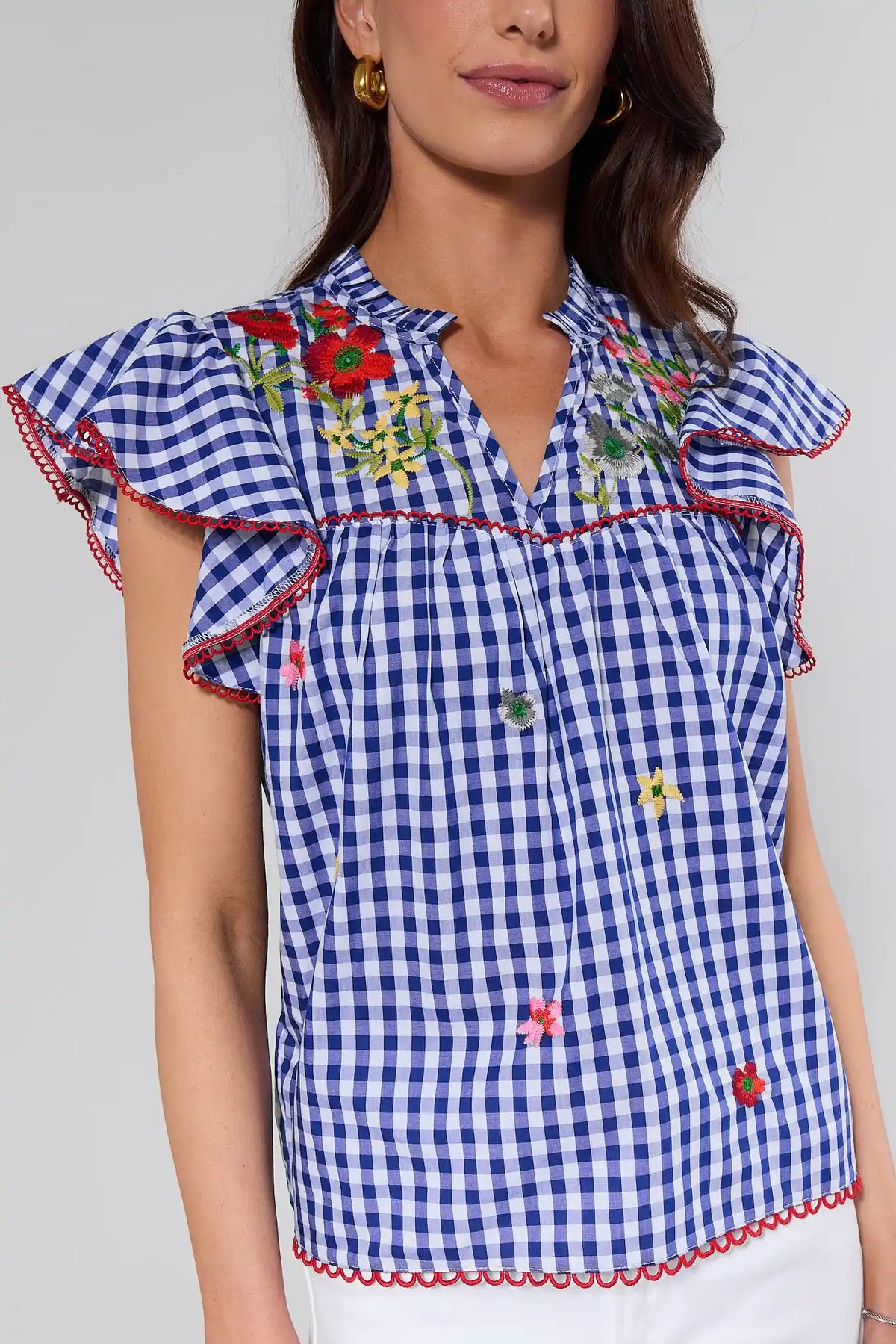 Adela Blue Gingham Embroidered Top | Avara