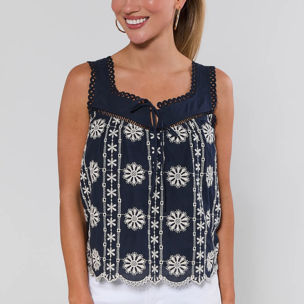 Brianna Navy Embroidered Tank Top | Avara