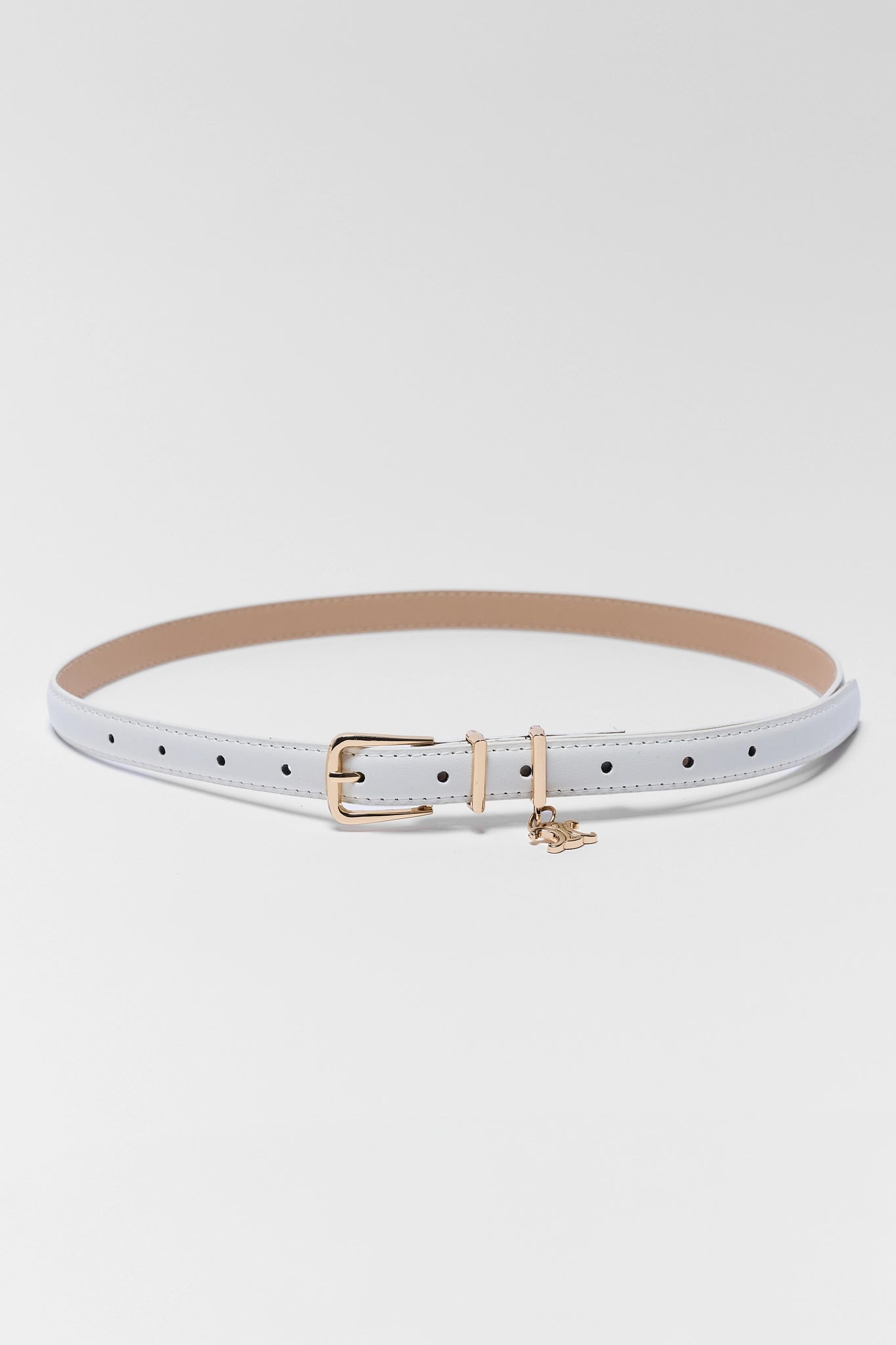 White belt with a gold buckle on a light gray background