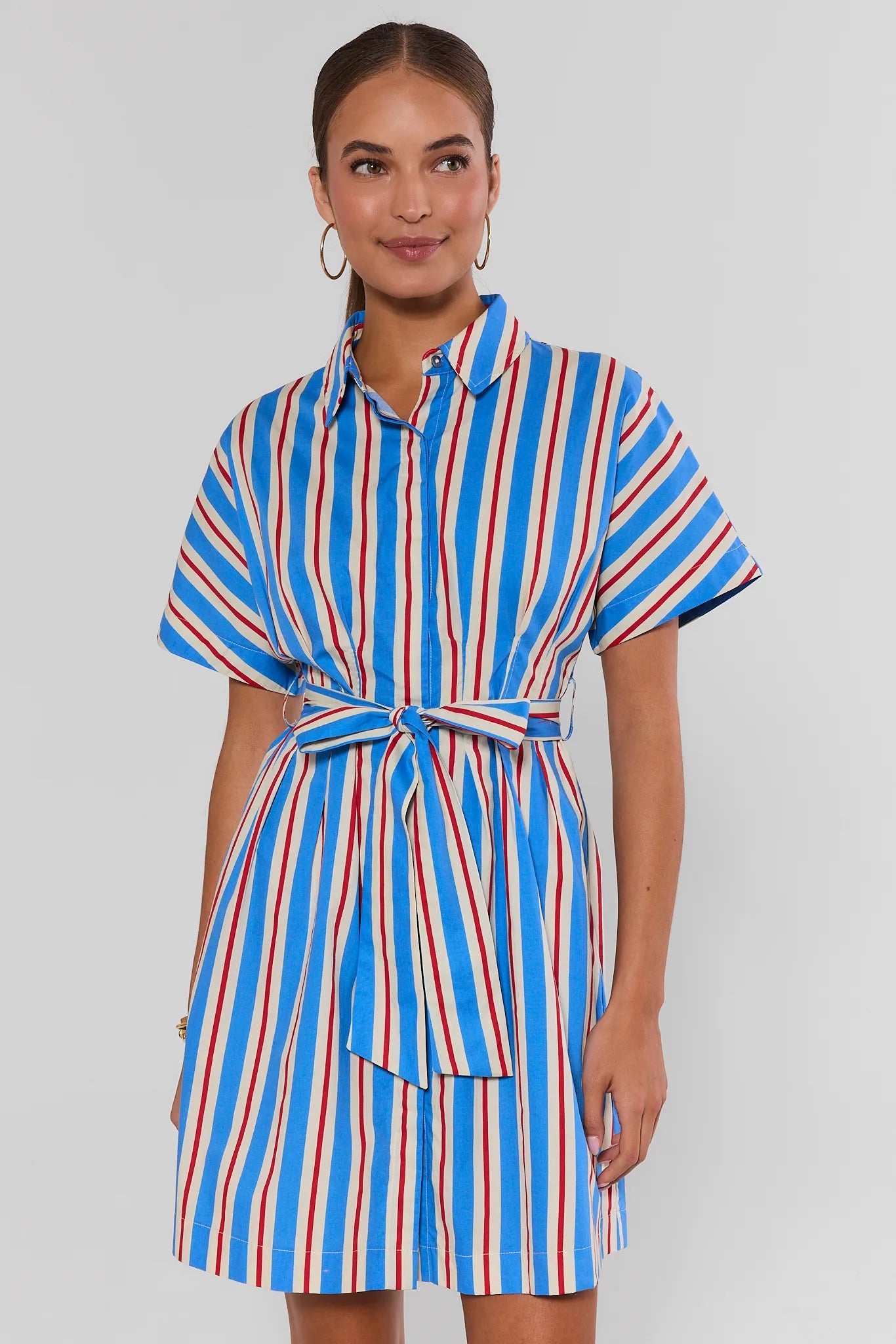 Cher Blue Striped Button-Up Short Dress on model, front view showing above-knee hem | Avara