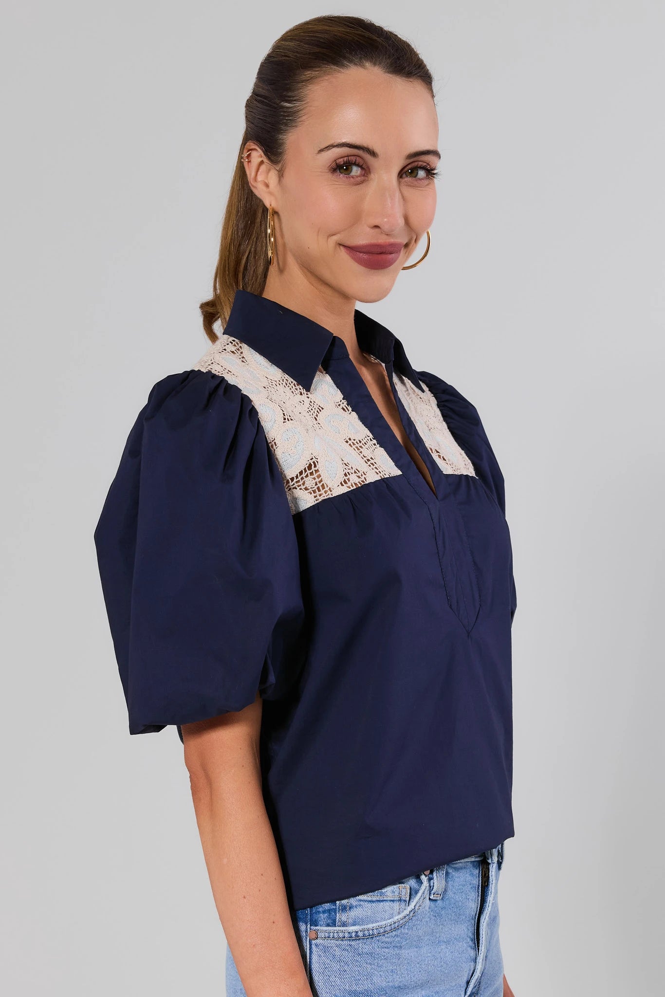 Penelope Navy Crochet Lace Top | Avara