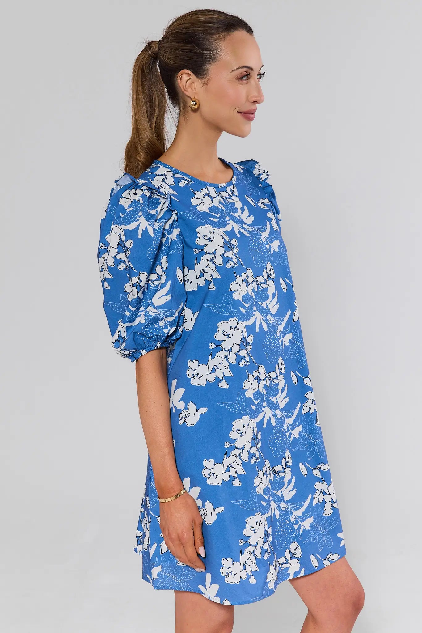 Blue Floral Puff Sleeve Short Dress Blue Floral Puff Sleeve Short Dress