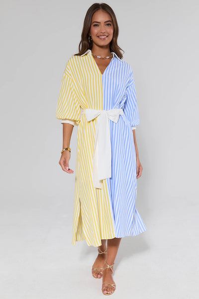yellow and blue dress Women's Striped Midi | Avara custom_Heather's Prom Picks Blue Cheese Dipping Sauce 30% polyester Size:40/34