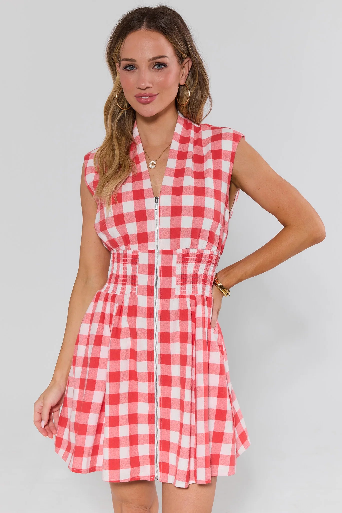 strapless open back dress Lillian Red Gingham Zip Up Short Dress