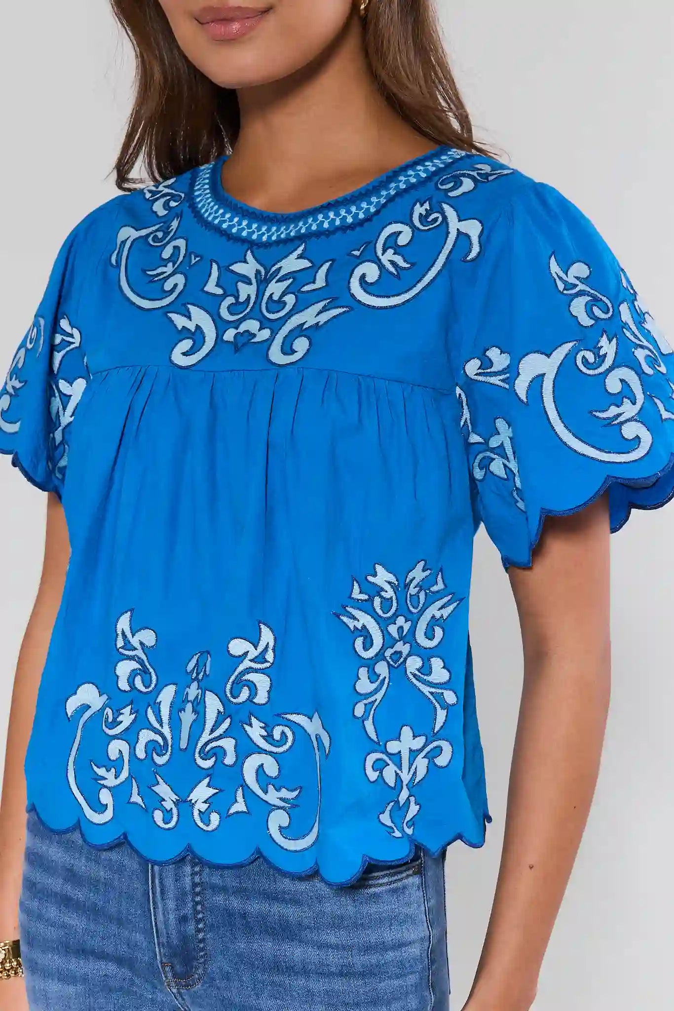 close up Blue blouse with white embroidery on a plain background