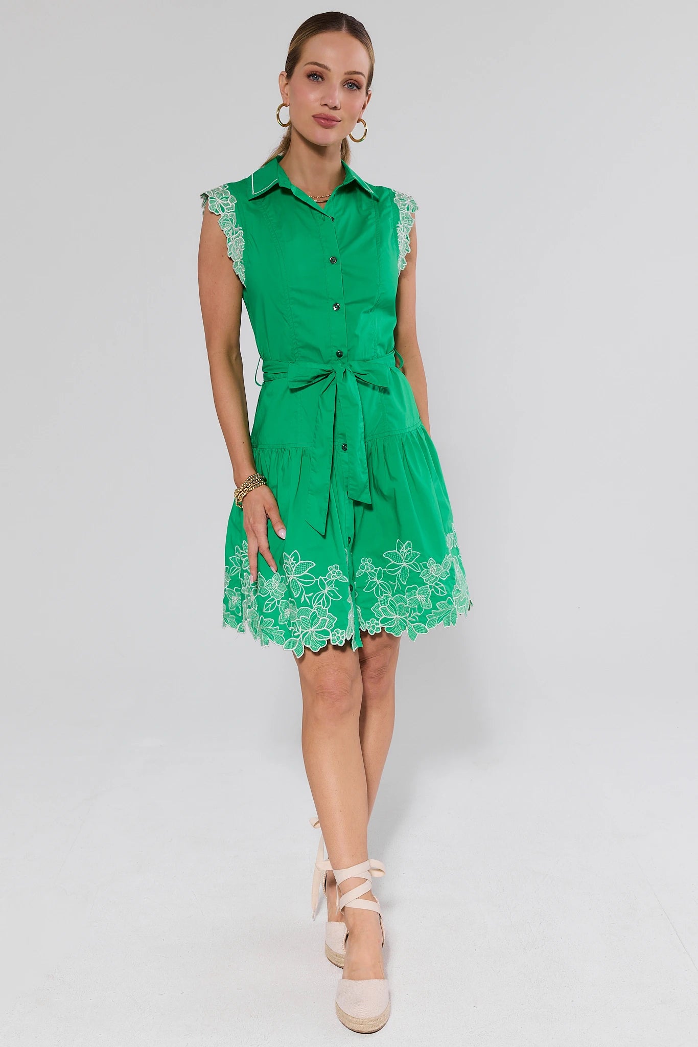 Green Embroidered Trim Short Dress
