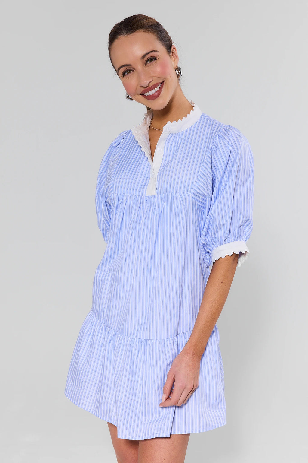 blue dress for baby girl Blue Stripe Scalloped Trim Short Dress