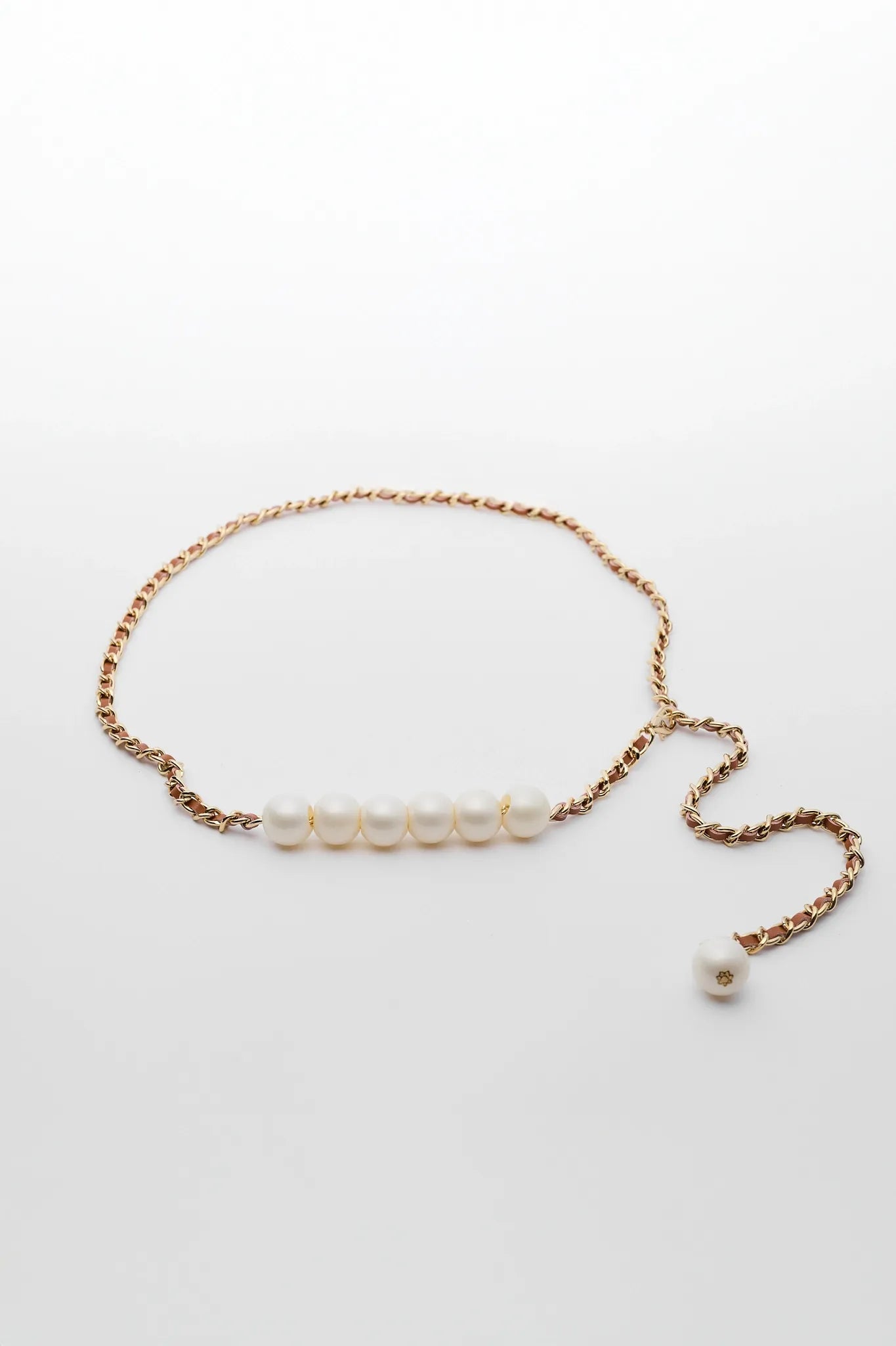 Kinley Brown Pearl Chain Belt on white background