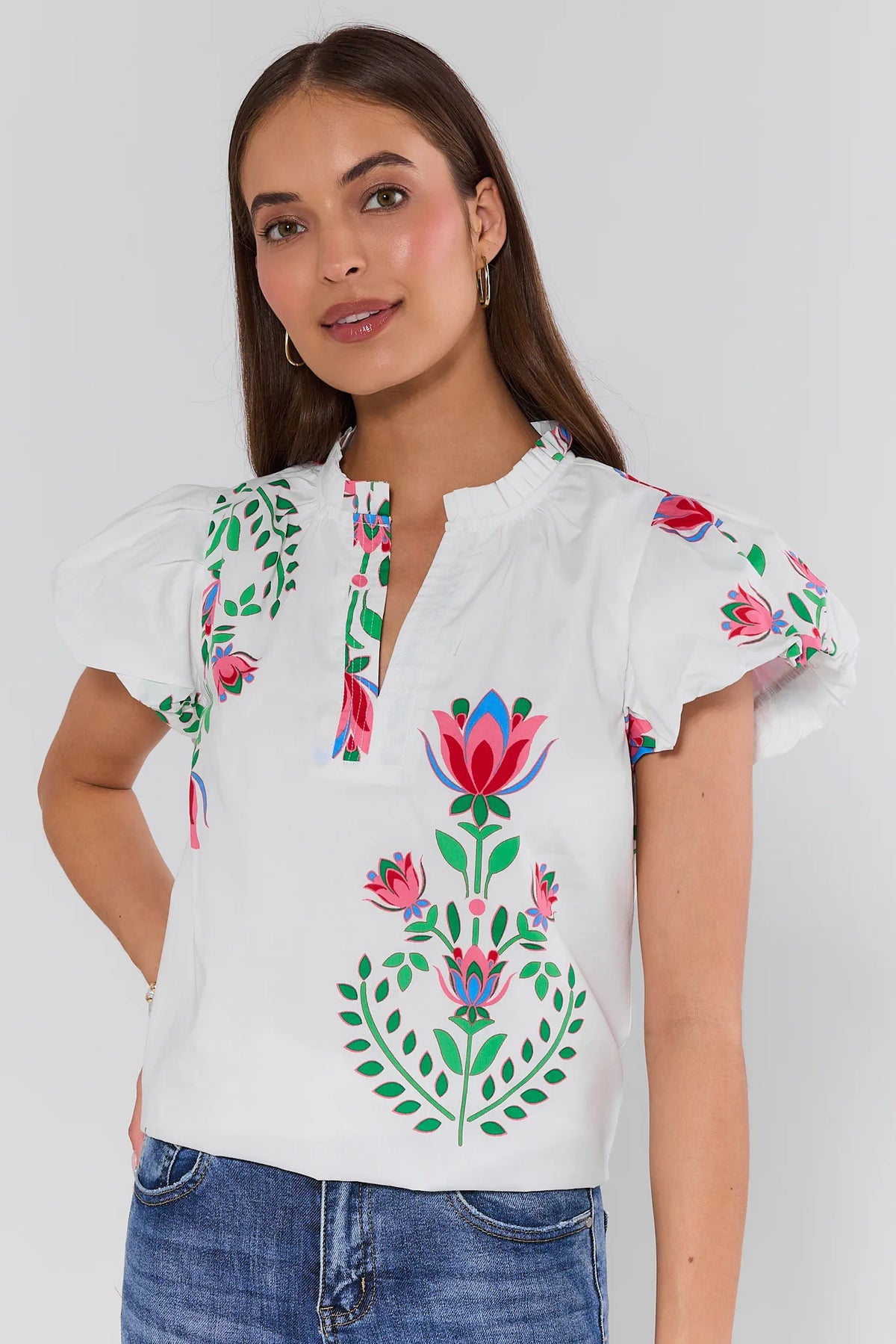 White Floral Split Neck Top | Avara | Avara