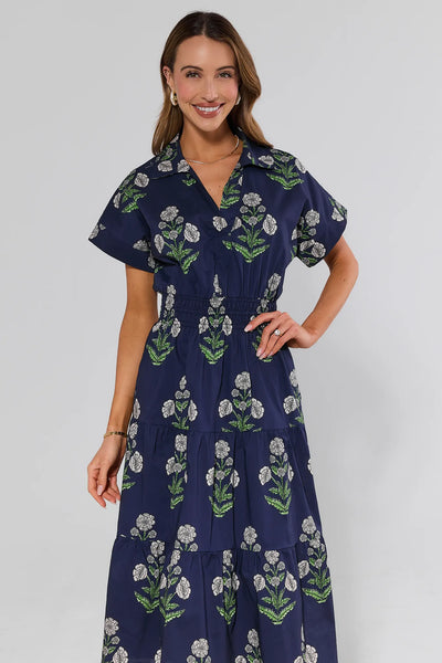 navy blue floral dresses Floral Embroidered Maxi Dress With Sheer Flutter Sleeves In Navy Multi