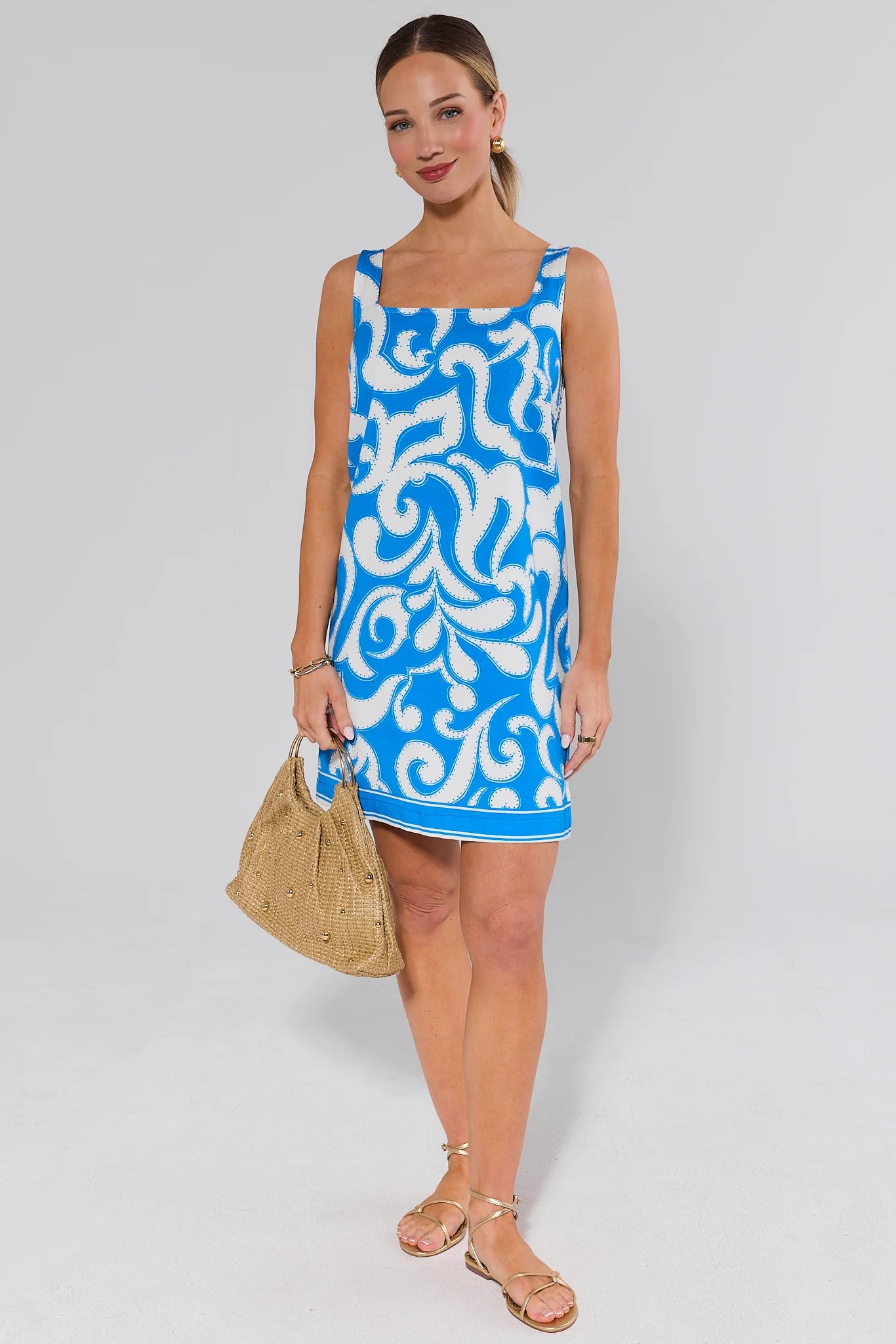 Blue Printed Square Neck Short Dress | Women's Clothing Blue Printed Square Neck Short Dress | Women's Clothing
