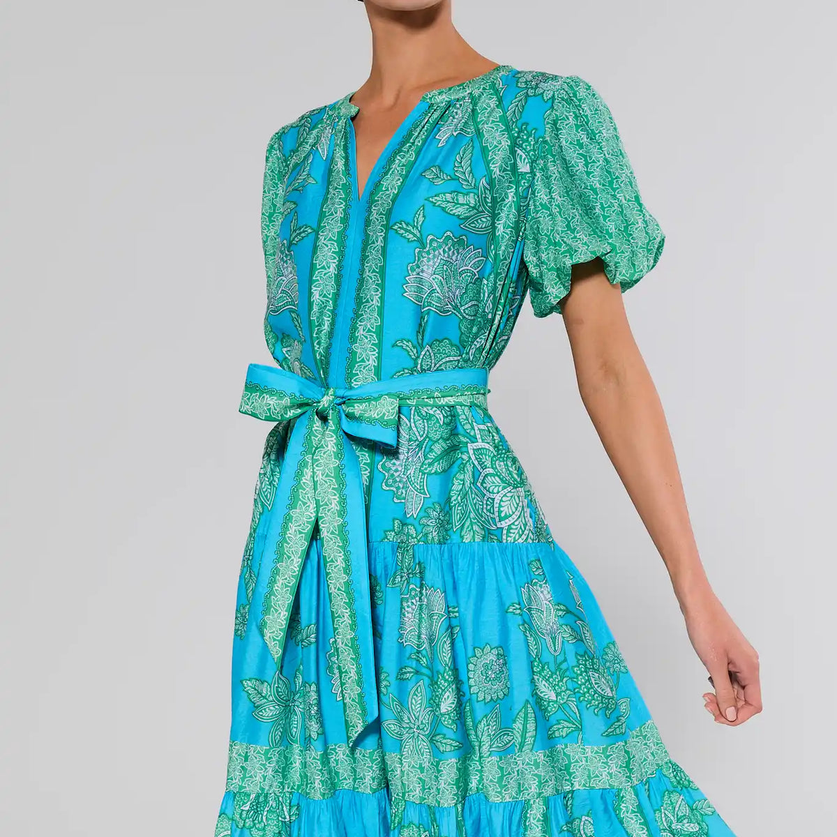 Blue Printed Split Neck Midi Dress