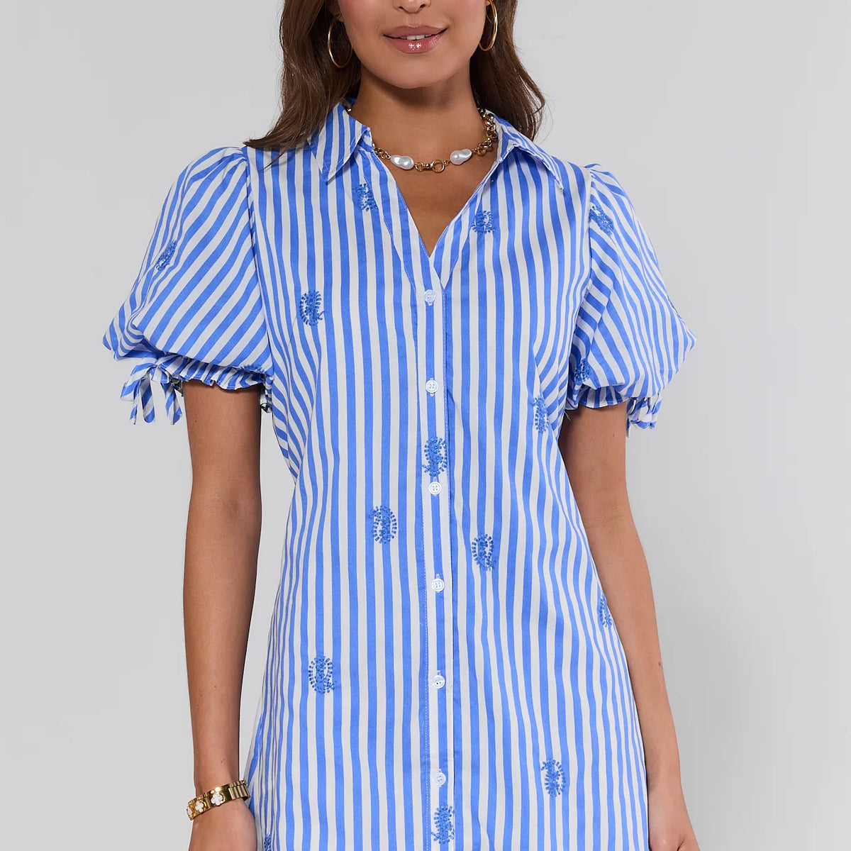 Blue Stripe Embroidered Short Dress Blue Stripe Embroidered Short Dress