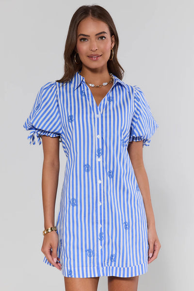 Blue Stripe Embroidered Short Dress Blue Stripe Embroidered Short Dress