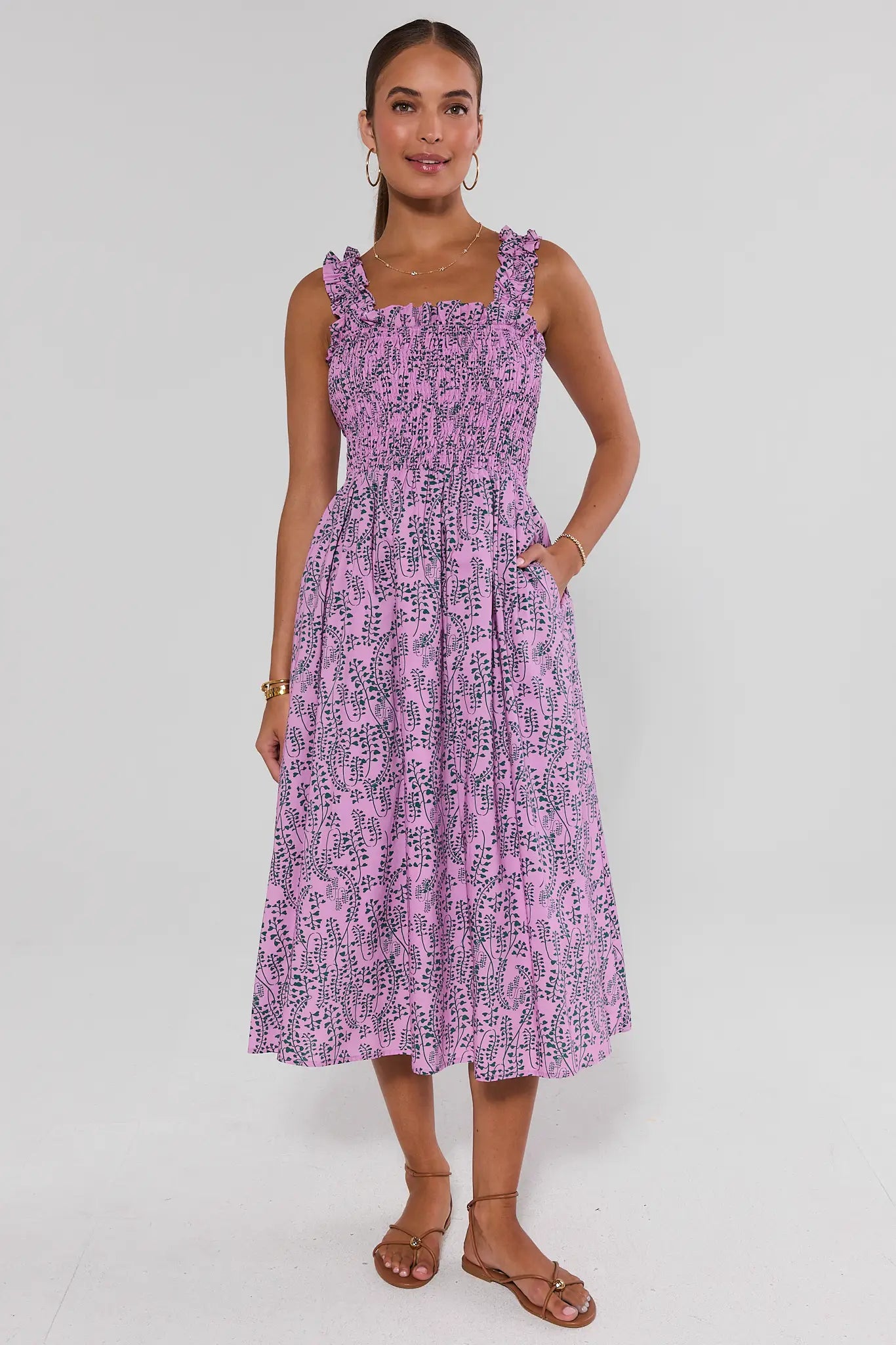 Pink Printed Smocked Midi Dress | Avara Pink Printed Smocked Midi Dress | Avara