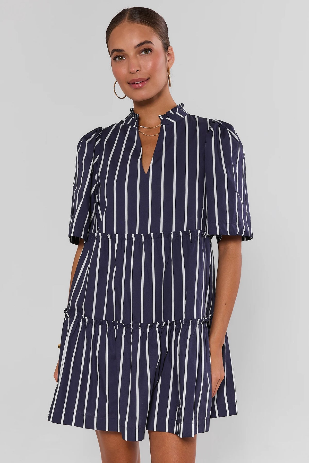 navy blue white striped dress Tiered Short | Women's Clothing and a graceful fluted floradress Black & Royal Blue Style:EE01489BK