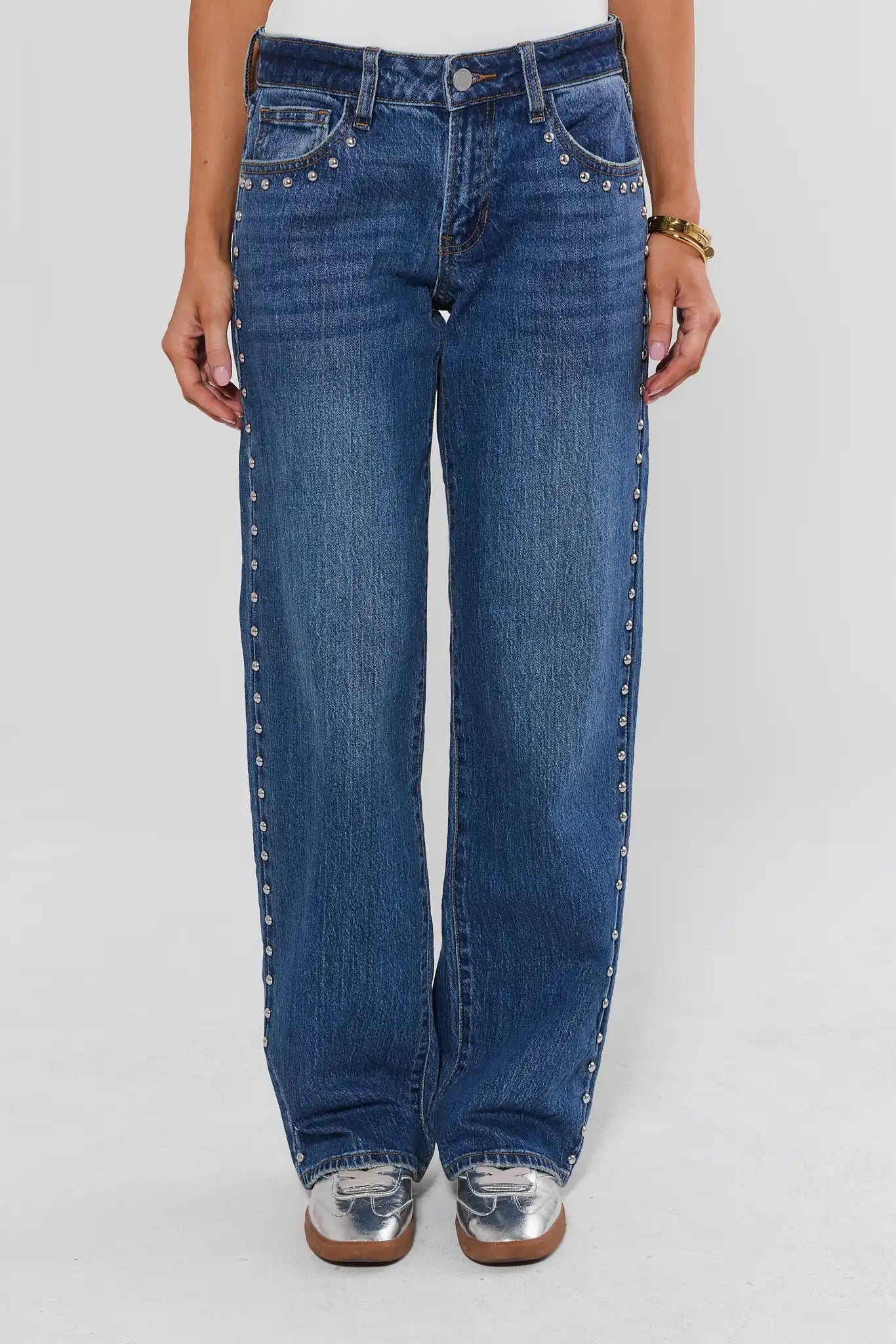 Medium Wash Straight Leg Studded Jeans