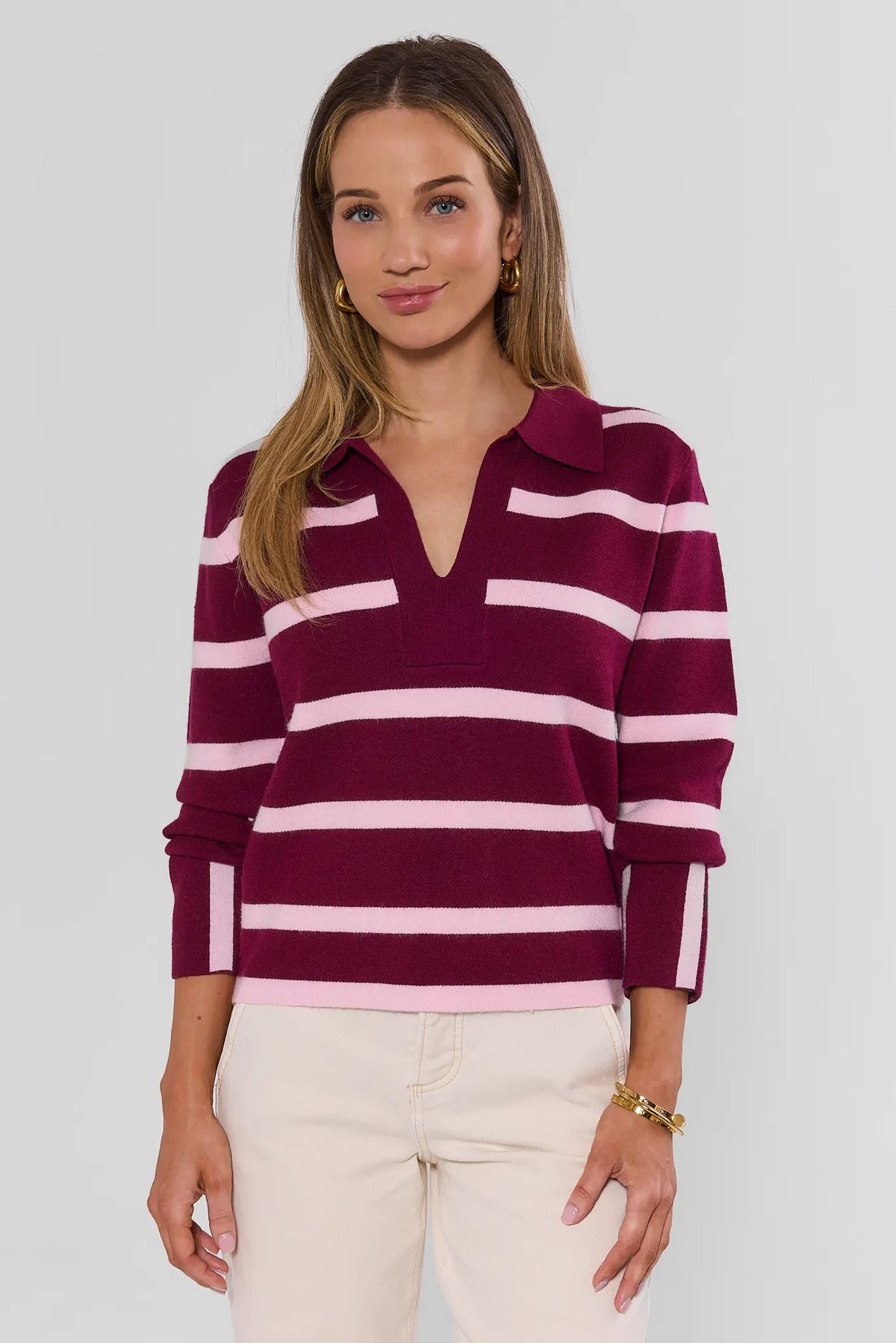 Burgundy Pink Striped Polo Collar Sweater - Front View On Model | Avara